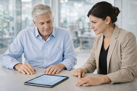 Zwei Personen schauen auf Tablet am Schreibtisch