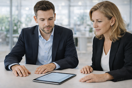 Zwei Personen schauen auf Tablet am Schreibtisch